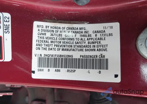 2011 Honda Civic Lx из США, поврежденный, VIN 2HGFA1F55BH532845